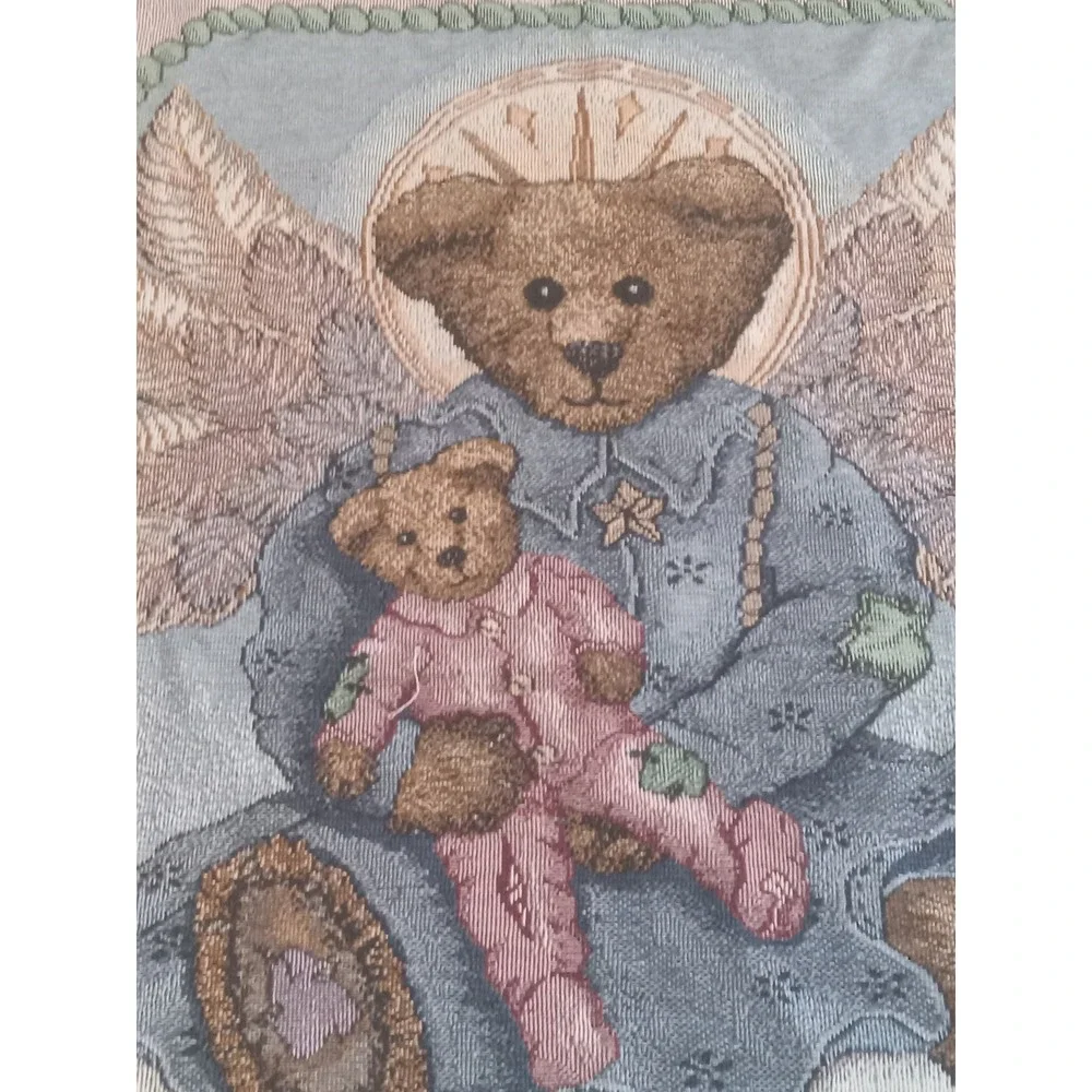Boyds Bears & Friends Woven Tapestry Throw Blanket Angel Teddy Bear Pink Blue